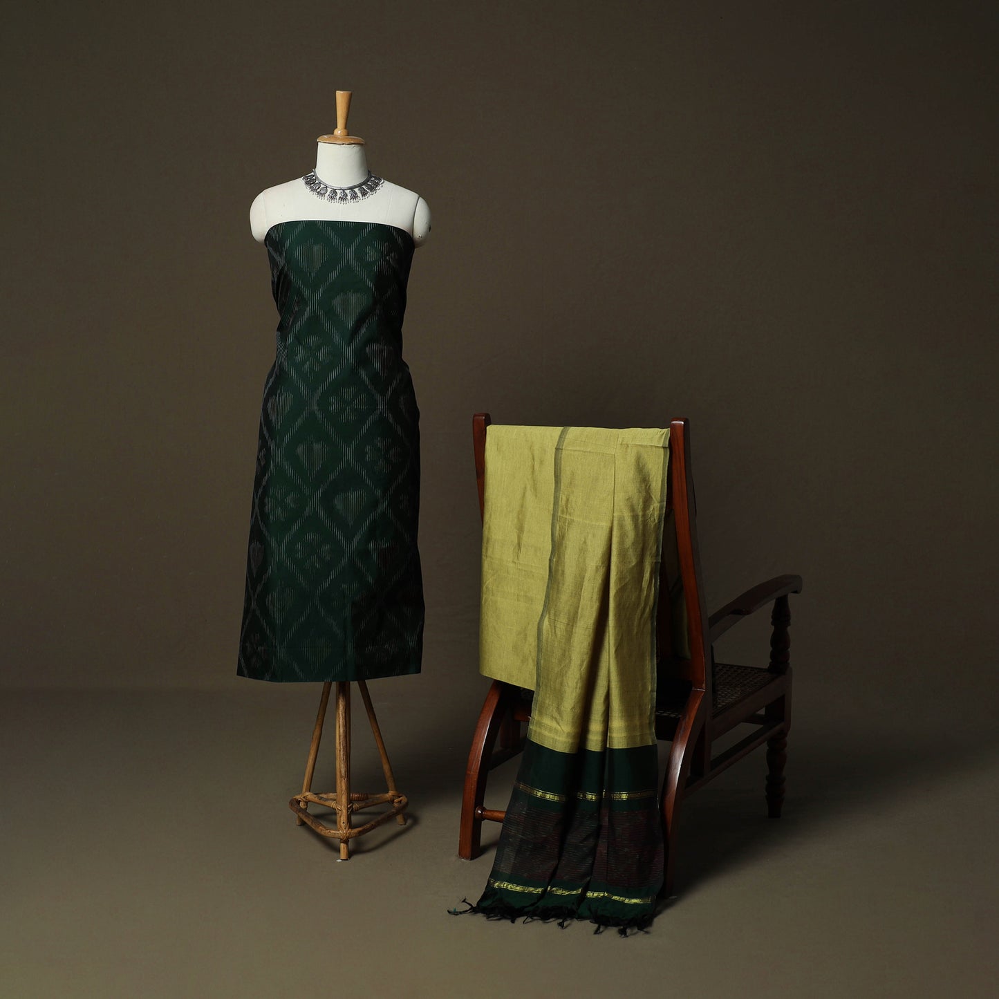Green - Pochampally Ikat Silk Cotton 3pc Unstitched Dress Material Suit Set 13