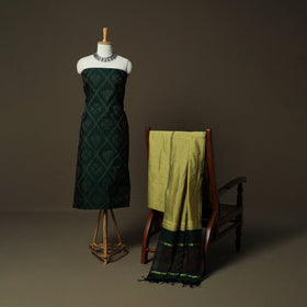 Green - Pochampally Ikat Silk Cotton 3pc Unstitched Dress Material Suit Set 13