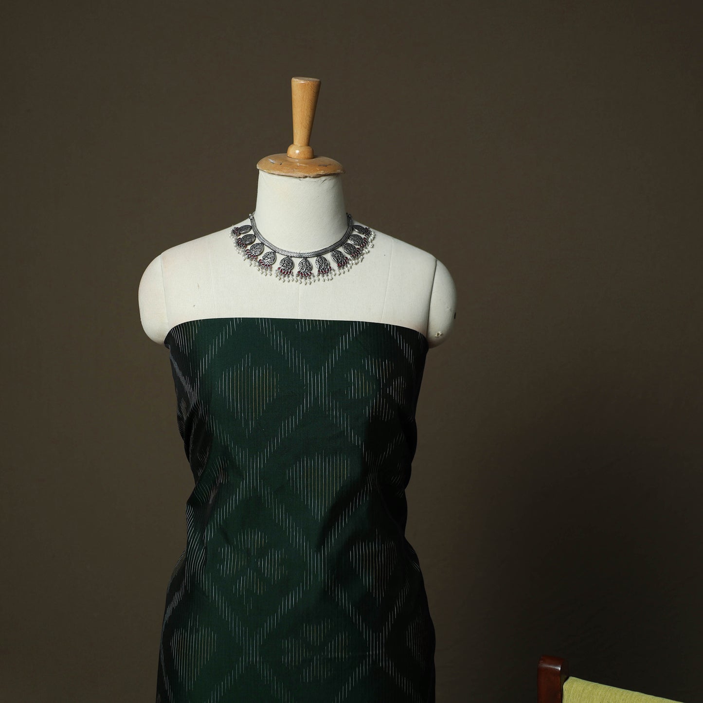 Green - Pochampally Ikat Silk Cotton 3pc Unstitched Dress Material Suit Set 13