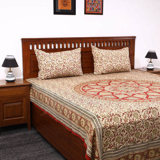 Beige - Kalamkari Block Printed Cotton Double Bed Cover with Pillow Covers (108 x 90 in)