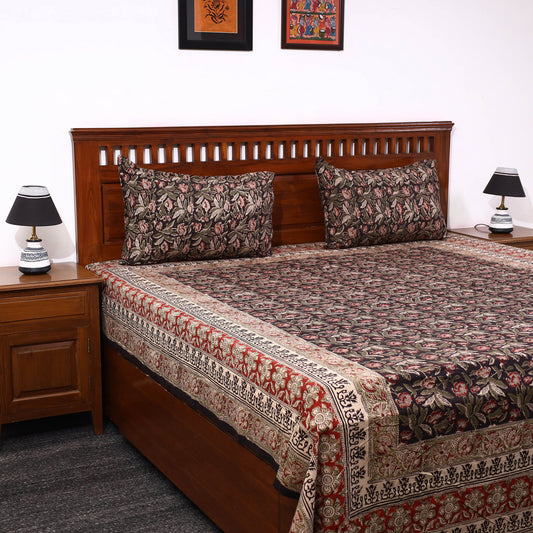 Black - Kalamkari Block Printed Cotton Double Bed Cover with Pillow Covers (108 x 90 in)