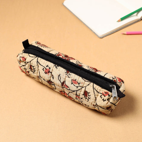 Beige - Handcrafted Quilted Cotton Multipurpose Pencil Pouch 07