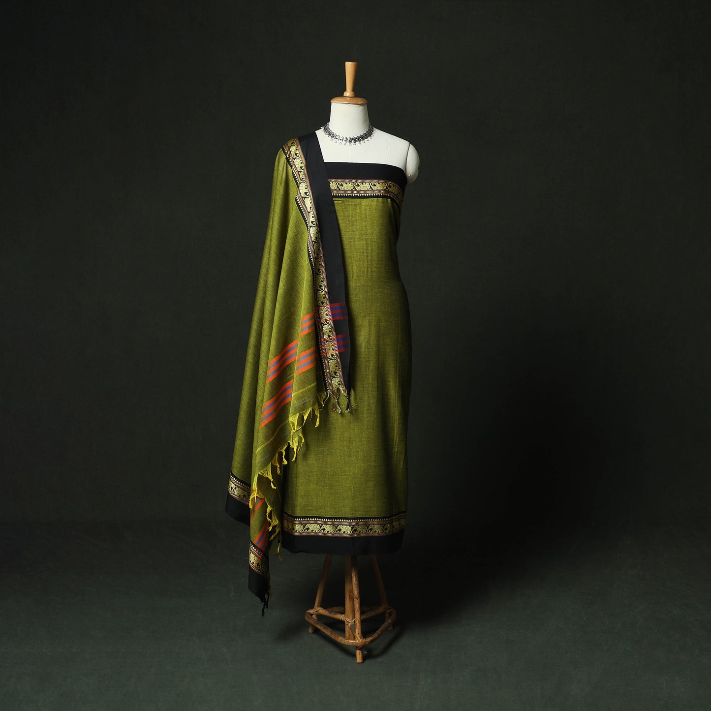 Green - Dharwad Woven Cotton 3pc Unstitched Dress Material Suit Set 17