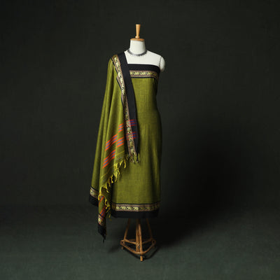 Green - Dharwad Woven Cotton 3pc Unstitched Dress Material Suit Set 17
