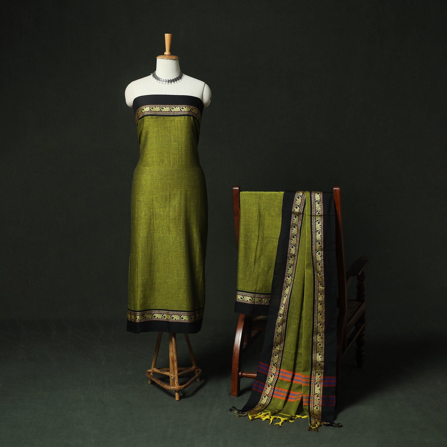 Green - Dharwad Woven Cotton 3pc Unstitched Dress Material Suit Set 17