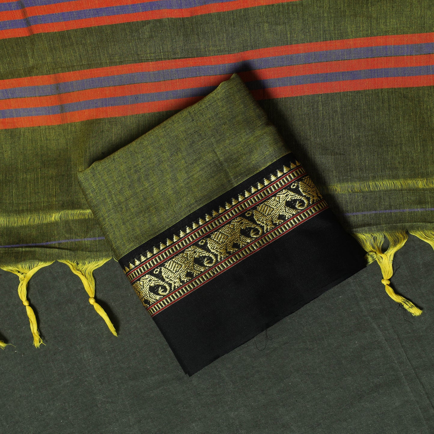 Green - Dharwad Woven Cotton 3pc Unstitched Dress Material Suit Set 17