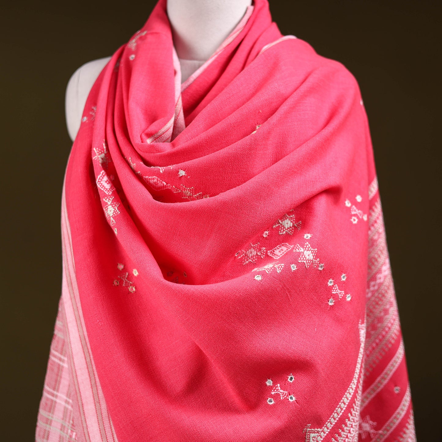 Pink - Kutch Bhujodi Handwoven Mirror Work Acrylic Wool Shawl 51