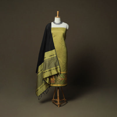 Green - Pochampally Ikat Silk Cotton 3pc Unstitched Dress Material Suit Set 27