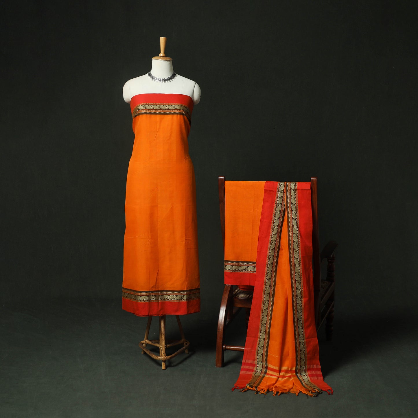 Orange - Dharwad Woven Cotton 3pc Unstitched Dress Material Suit Set 22