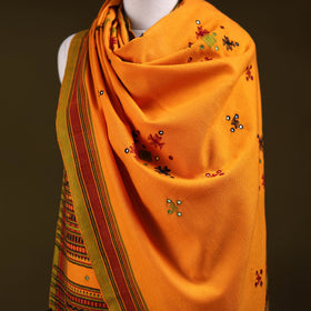 Orange - Kutch Bhujodi Handwoven Mirror Work Acrylic Wool Shawl 54