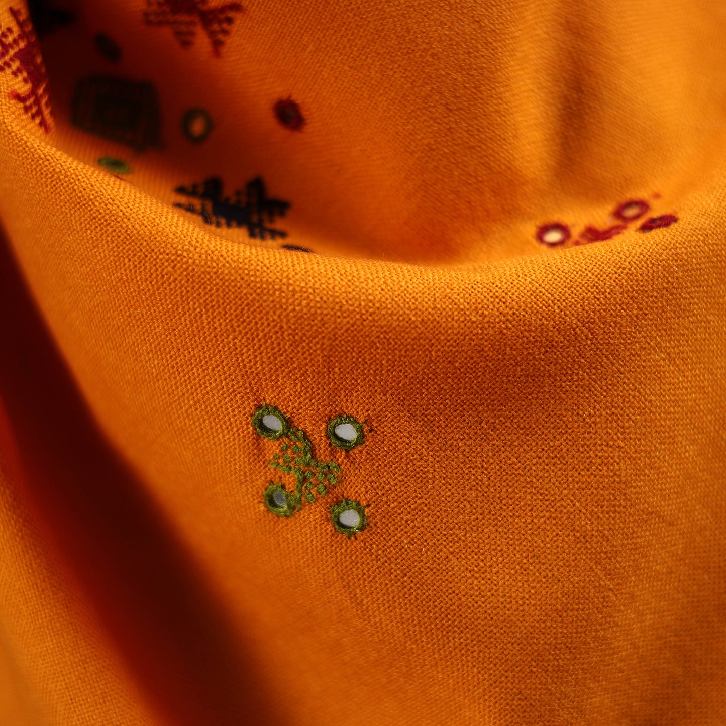 Orange - Kutch Bhujodi Handwoven Mirror Work Acrylic Wool Shawl 54