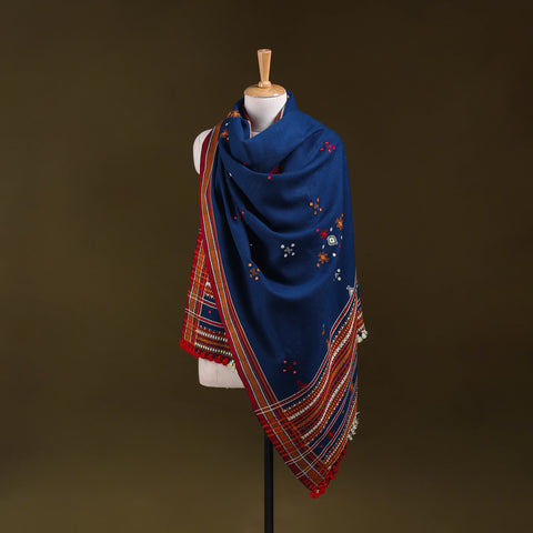 Blue - Kutch Bhujodi Handwoven Mirror Work Acrylic Wool Shawl 55