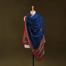 Blue - Kutch Bhujodi Handwoven Mirror Work Acrylic Wool Shawl 55