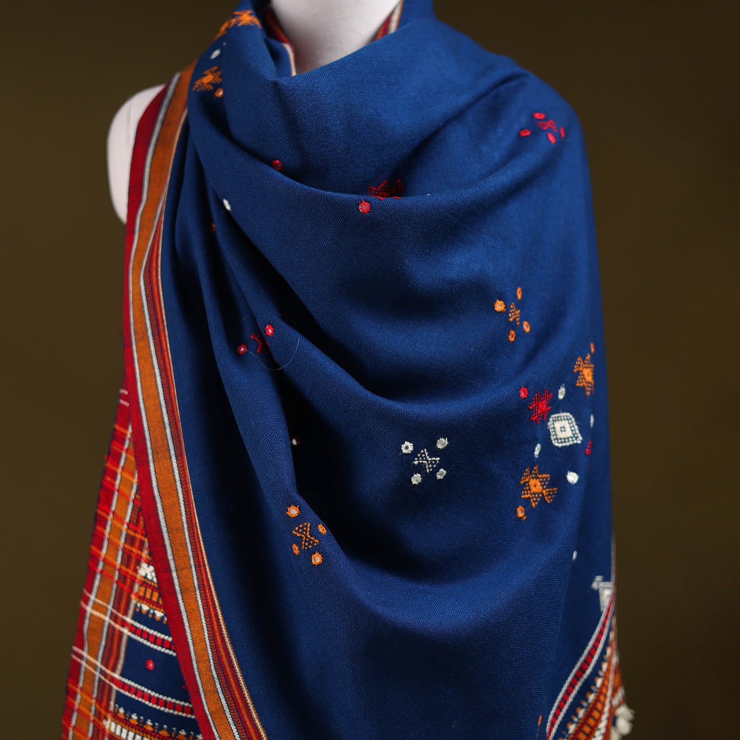 Blue - Kutch Bhujodi Handwoven Mirror Work Acrylic Wool Shawl 55