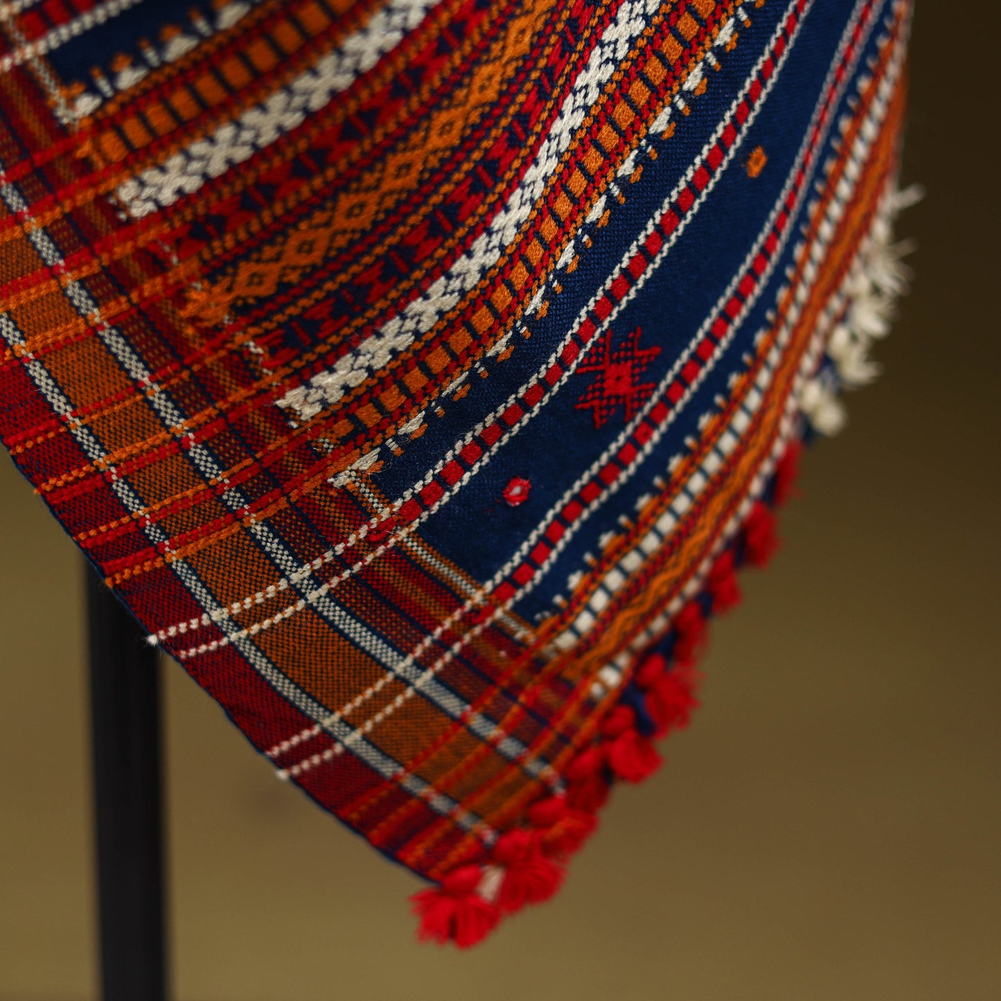 Blue - Kutch Bhujodi Handwoven Mirror Work Acrylic Wool Shawl 55