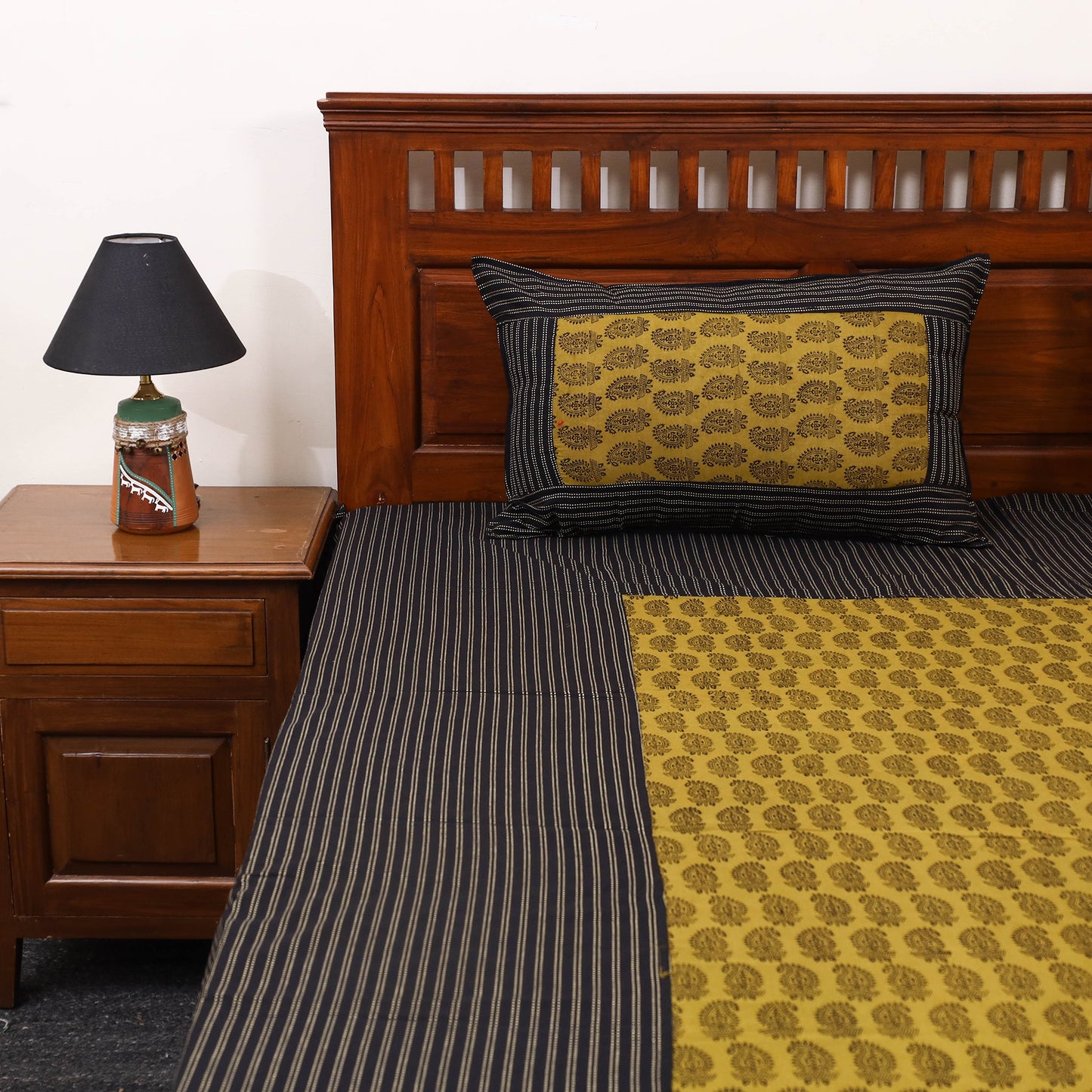 Black - jacquard with bagh patch cotton bedsheet set 12