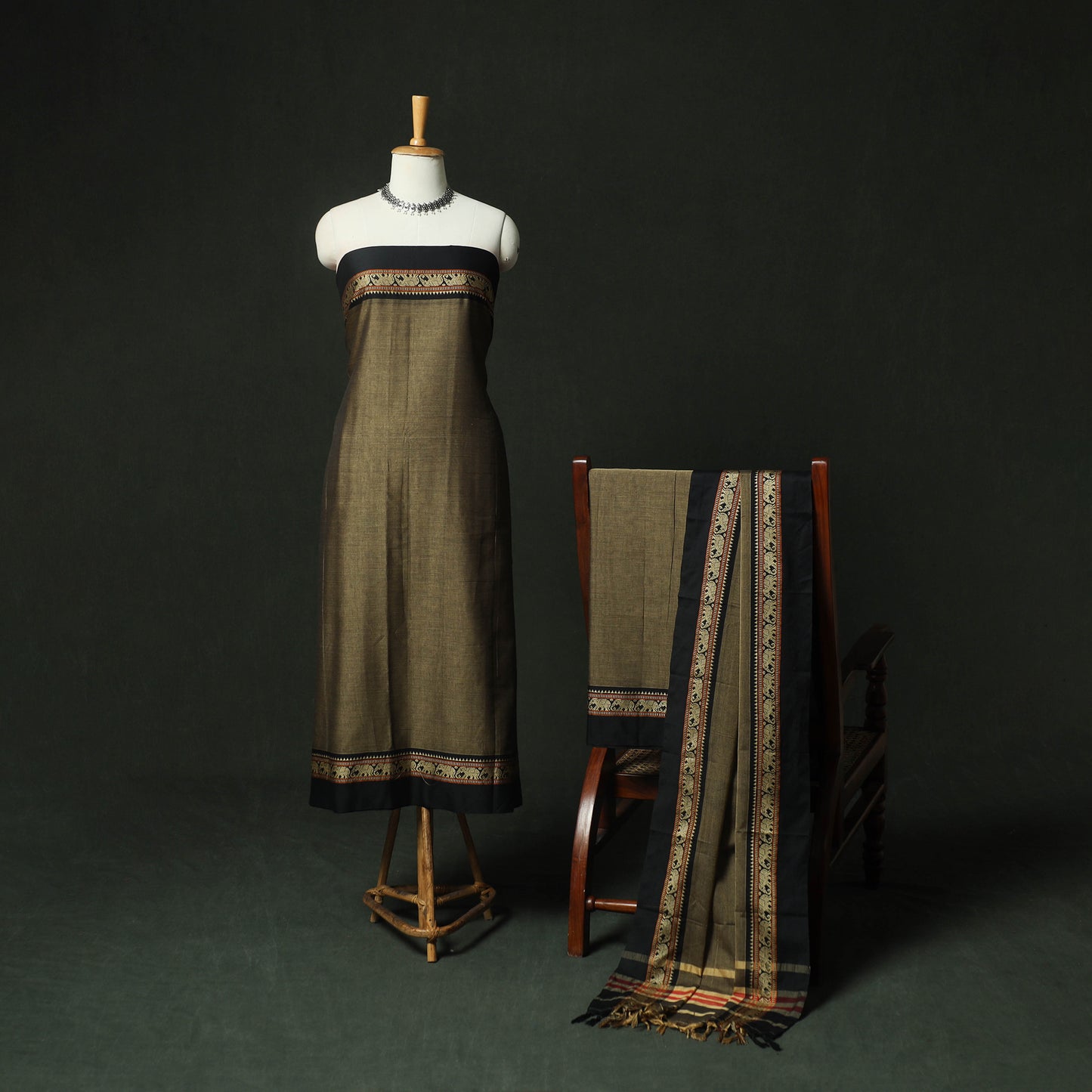 Green - Dharwad Woven Cotton 3pc Unstitched Dress Material Suit Set 24