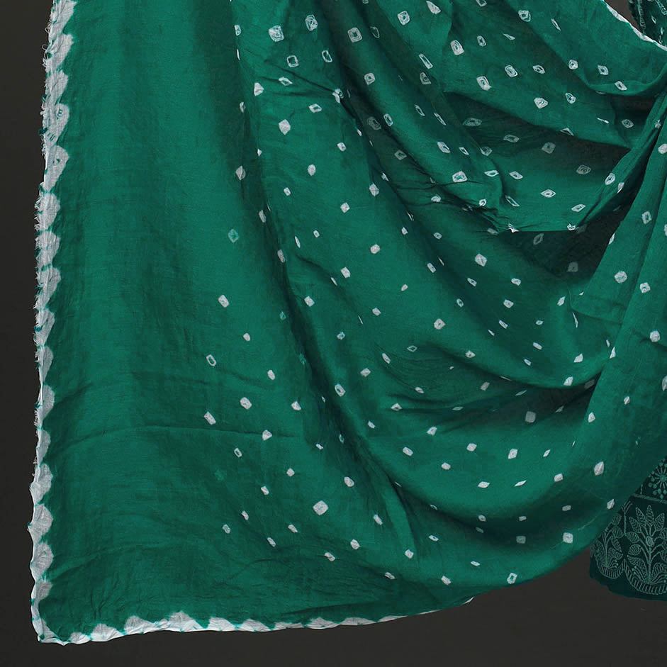 Green - 3pc Tie & Dye Satin Cotton Bandhani Dress Material 17