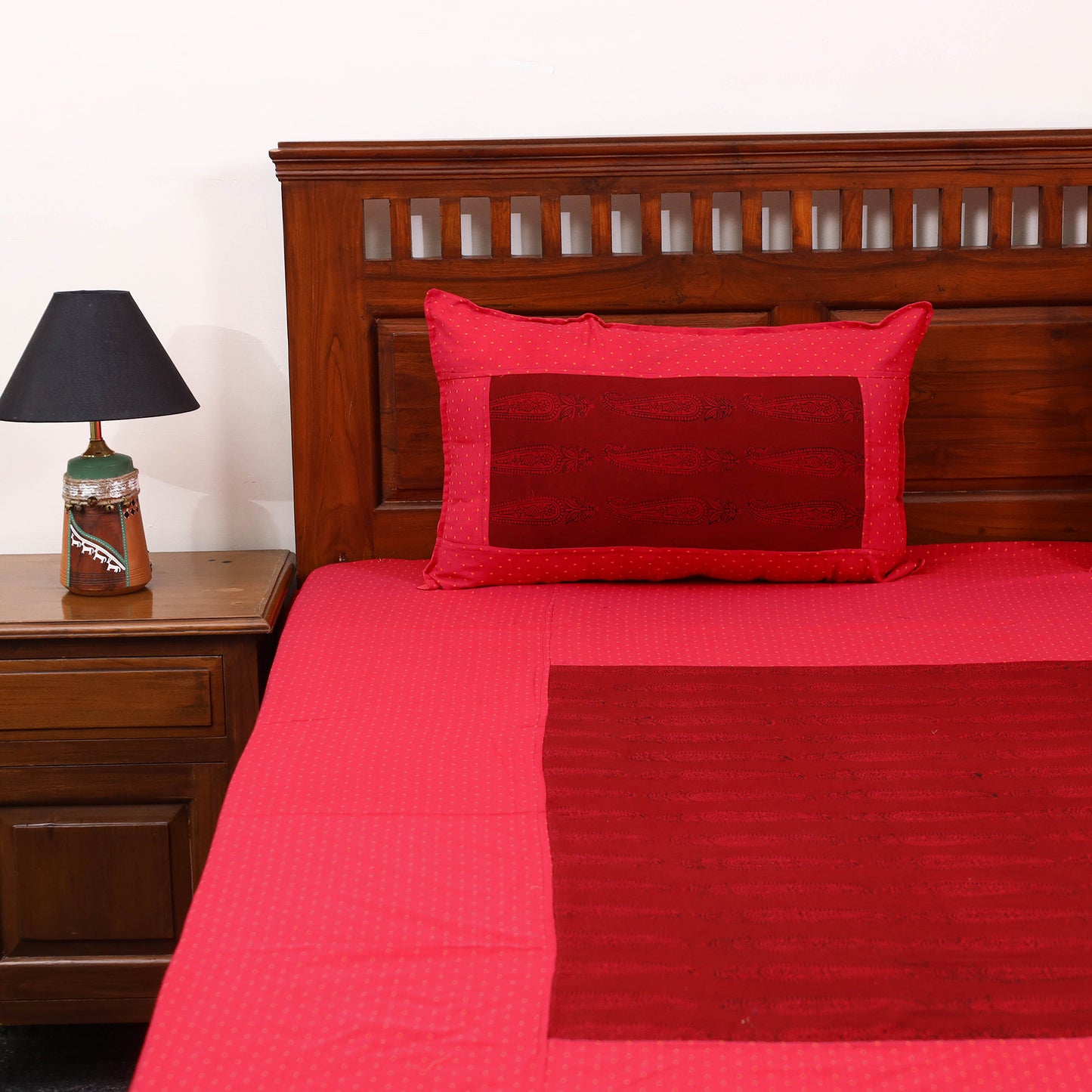 Red - jacquard with bagh patch cotton bedsheet set 13