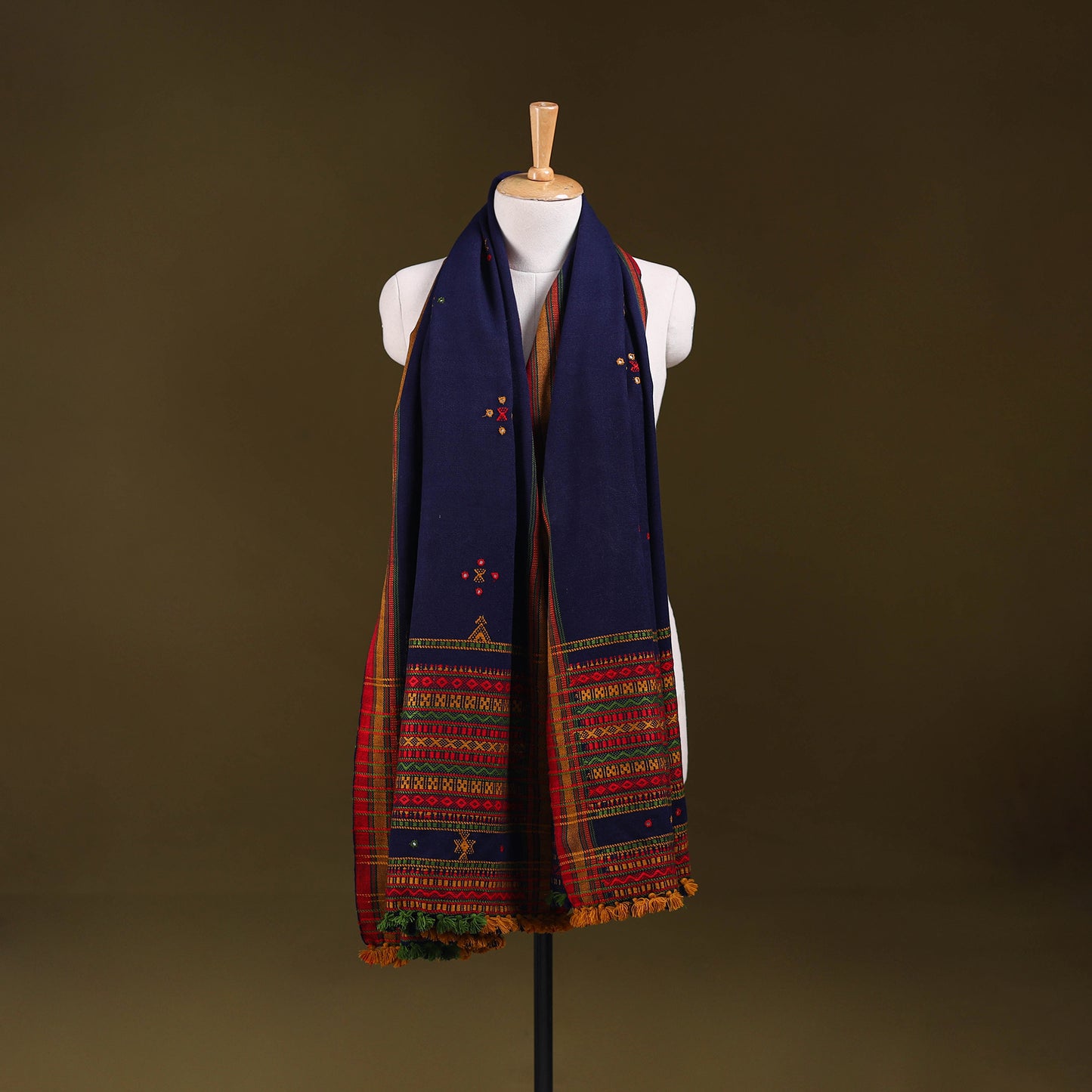 Blue - Kutch Bhujodi Handwoven Mirror Work Acrylic Wool Shawl 58