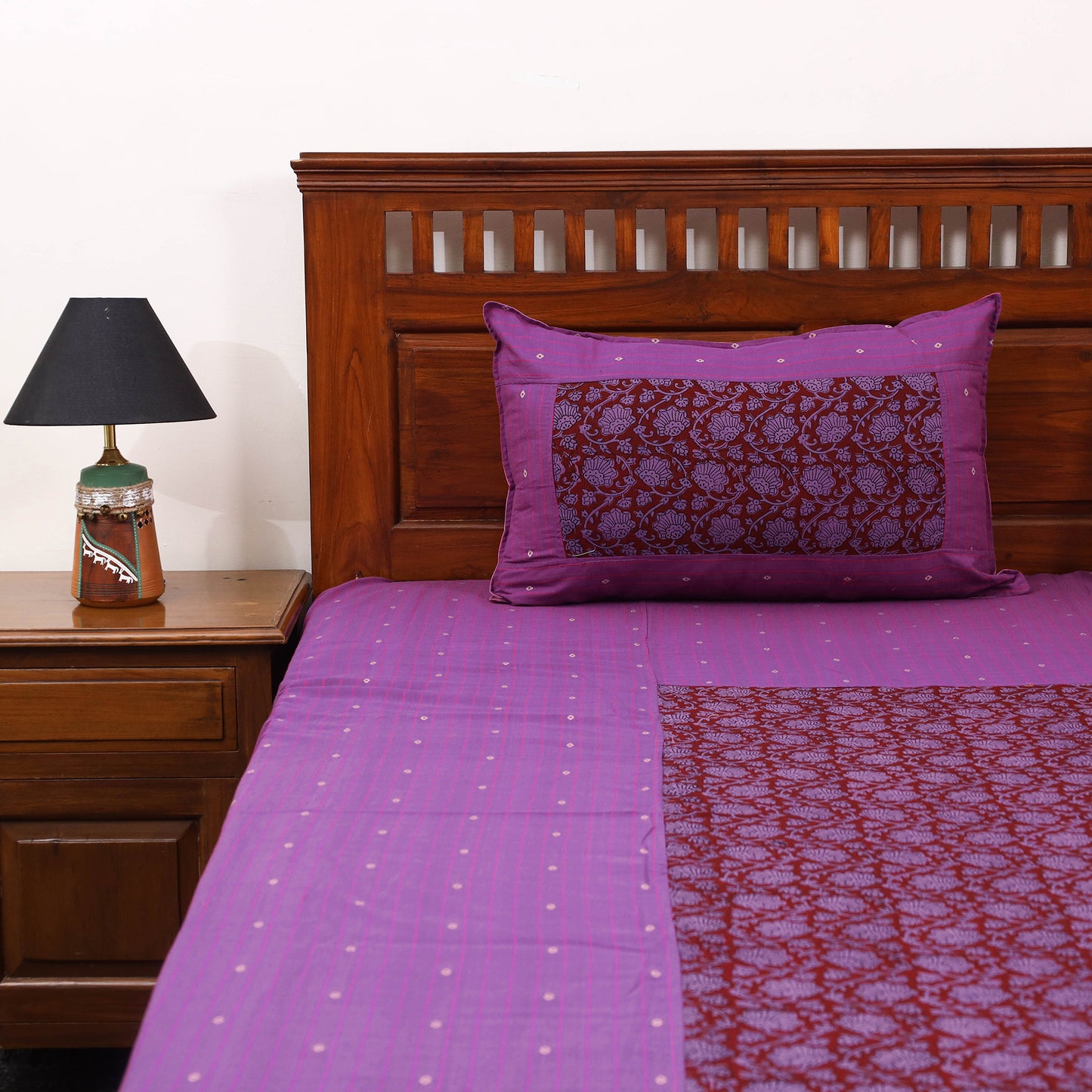 Purple - jacquard with bagh patch cotton bedsheet set 14