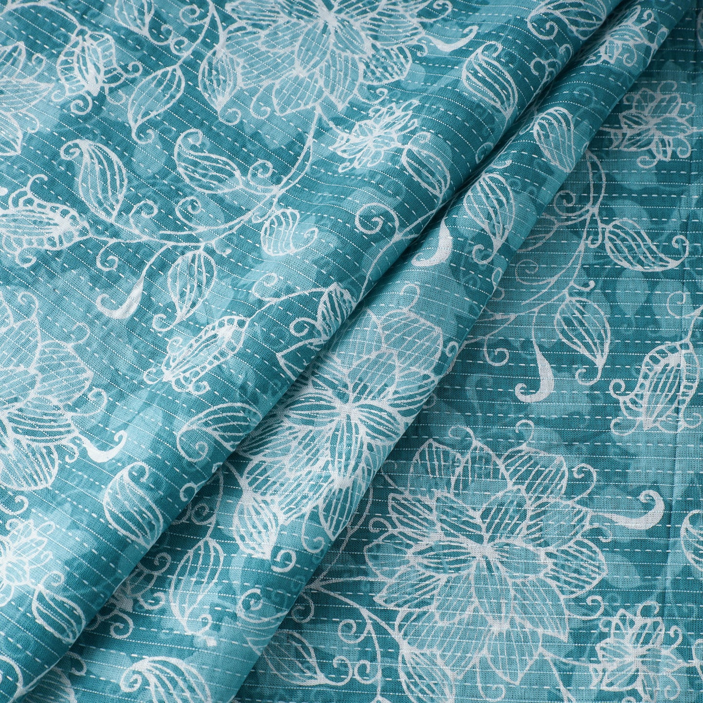 Blue - Kantha Stitch Cotton Sanganeri Print Fabric 09