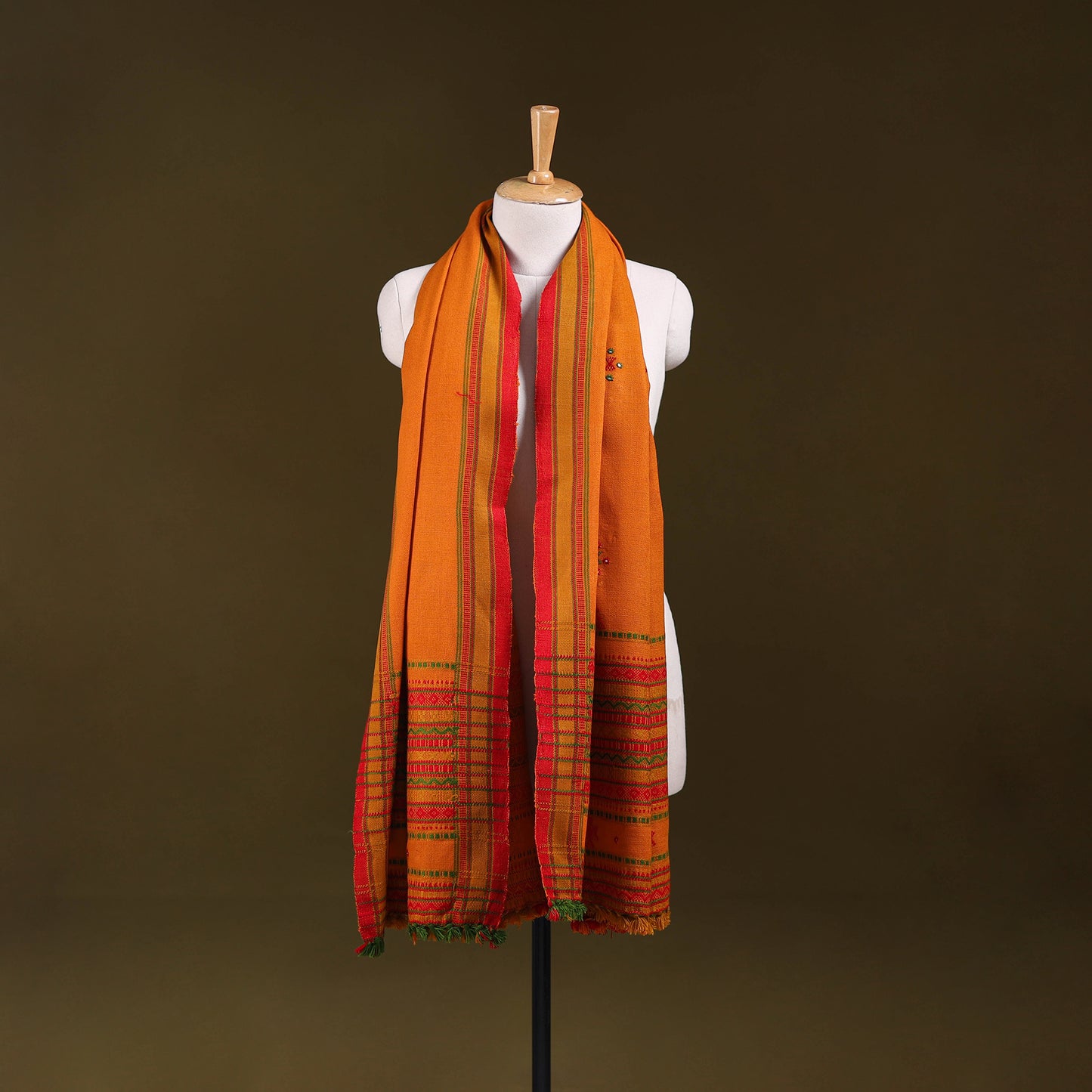 Orange - Kutch Bhujodi Handwoven Mirror Work Acrylic Wool Shawl 60