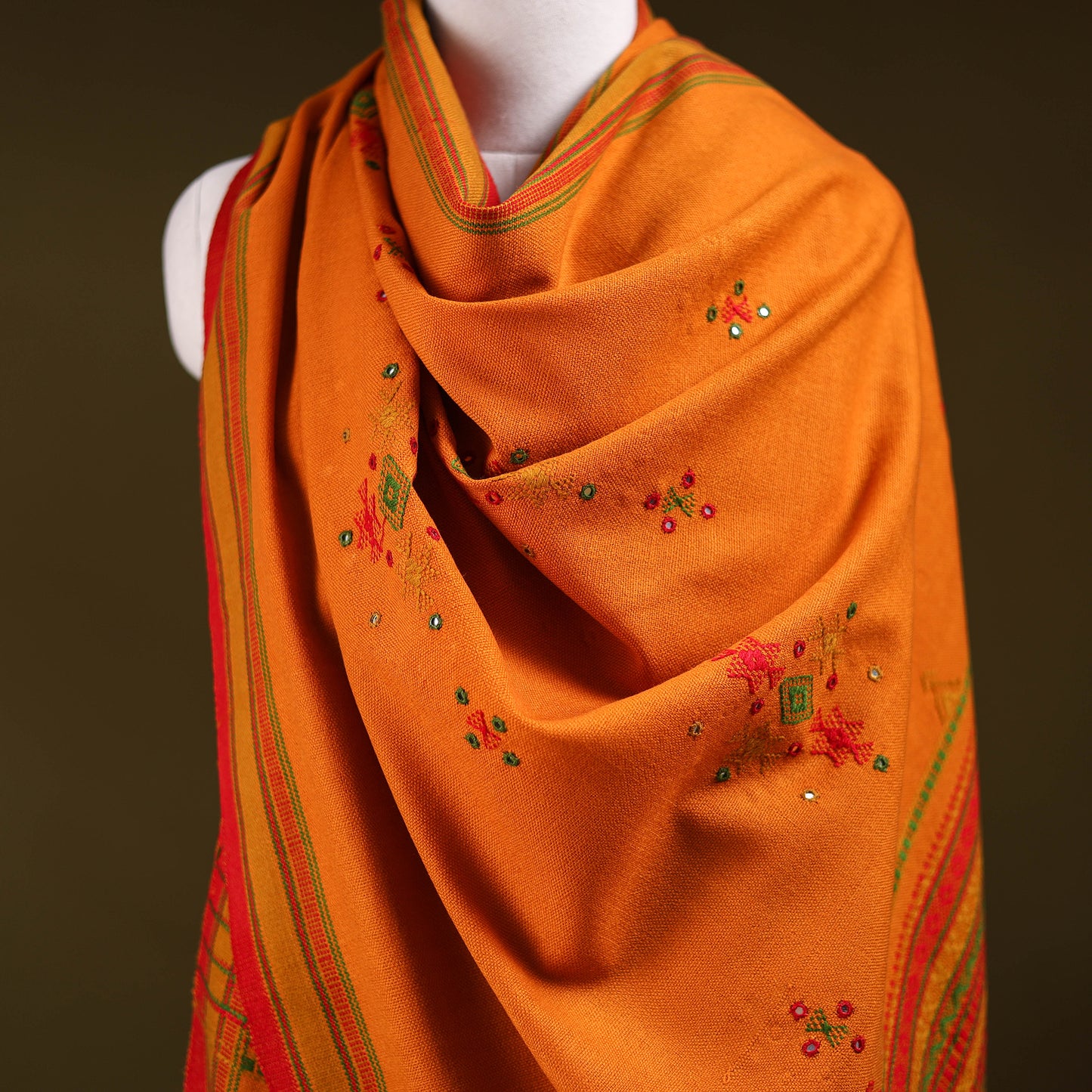 Orange - Kutch Bhujodi Handwoven Mirror Work Acrylic Wool Shawl 60