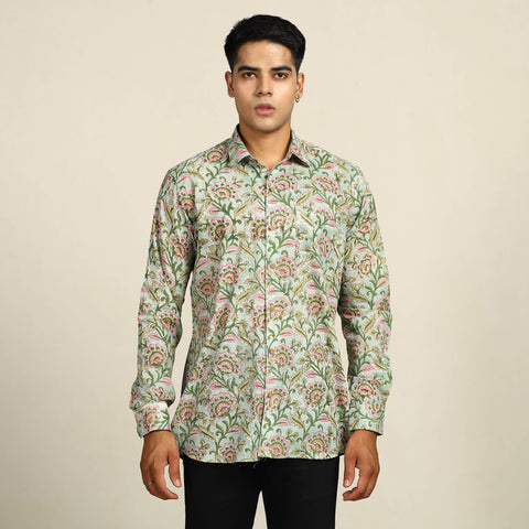 Green - Sanganeri Block Printed Cotton Men Full Sleeve Shirt 03