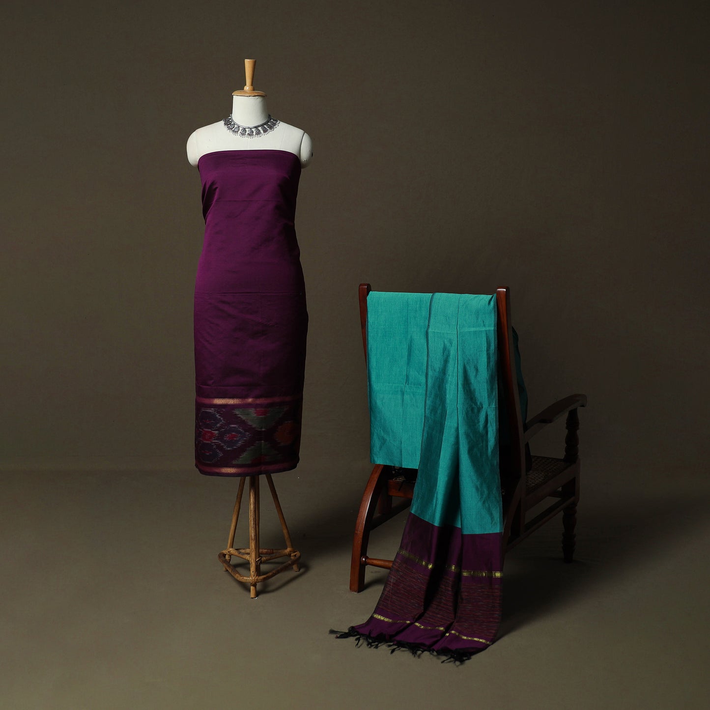 Purple - Pochampally Ikat Silk Cotton 3pc Unstitched Dress Material Suit Set 34