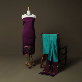 Purple - Pochampally Ikat Silk Cotton 3pc Unstitched Dress Material Suit Set 34