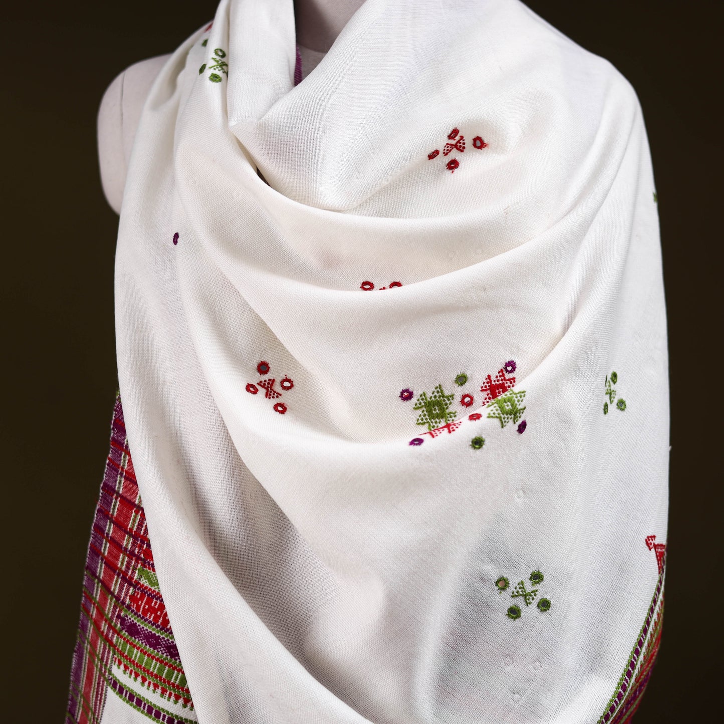 White - Kutch Bhujodi Handwoven Mirror Work Acrylic Wool Shawl 61