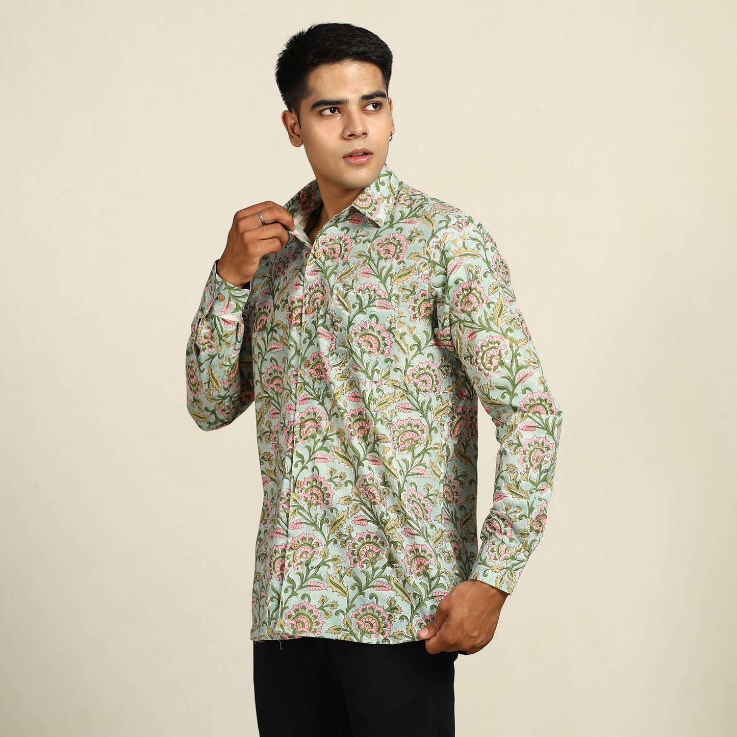 Green - Sanganeri Block Printed Cotton Men Full Sleeve Shirt 03