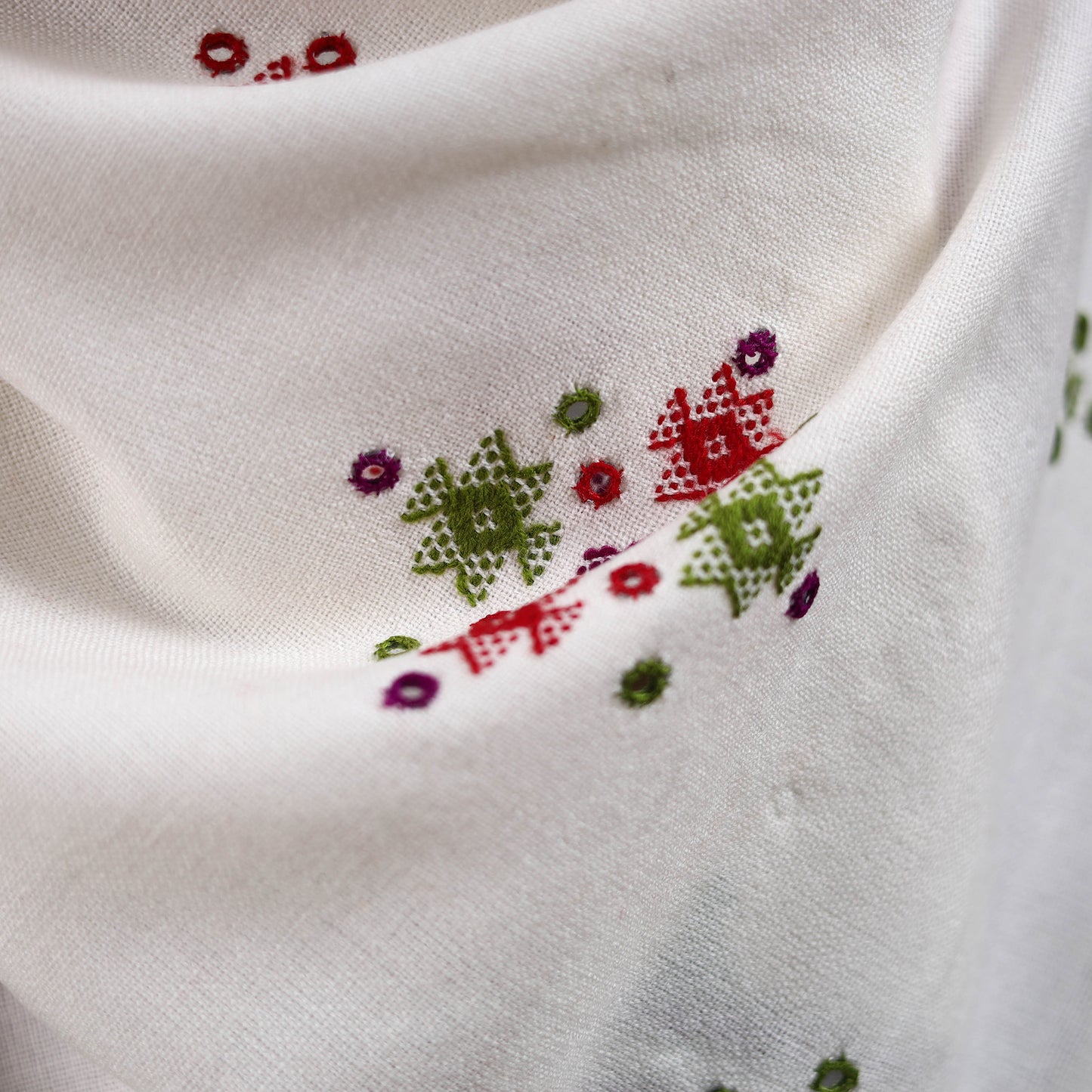 White - Kutch Bhujodi Handwoven Mirror Work Acrylic Wool Shawl 61