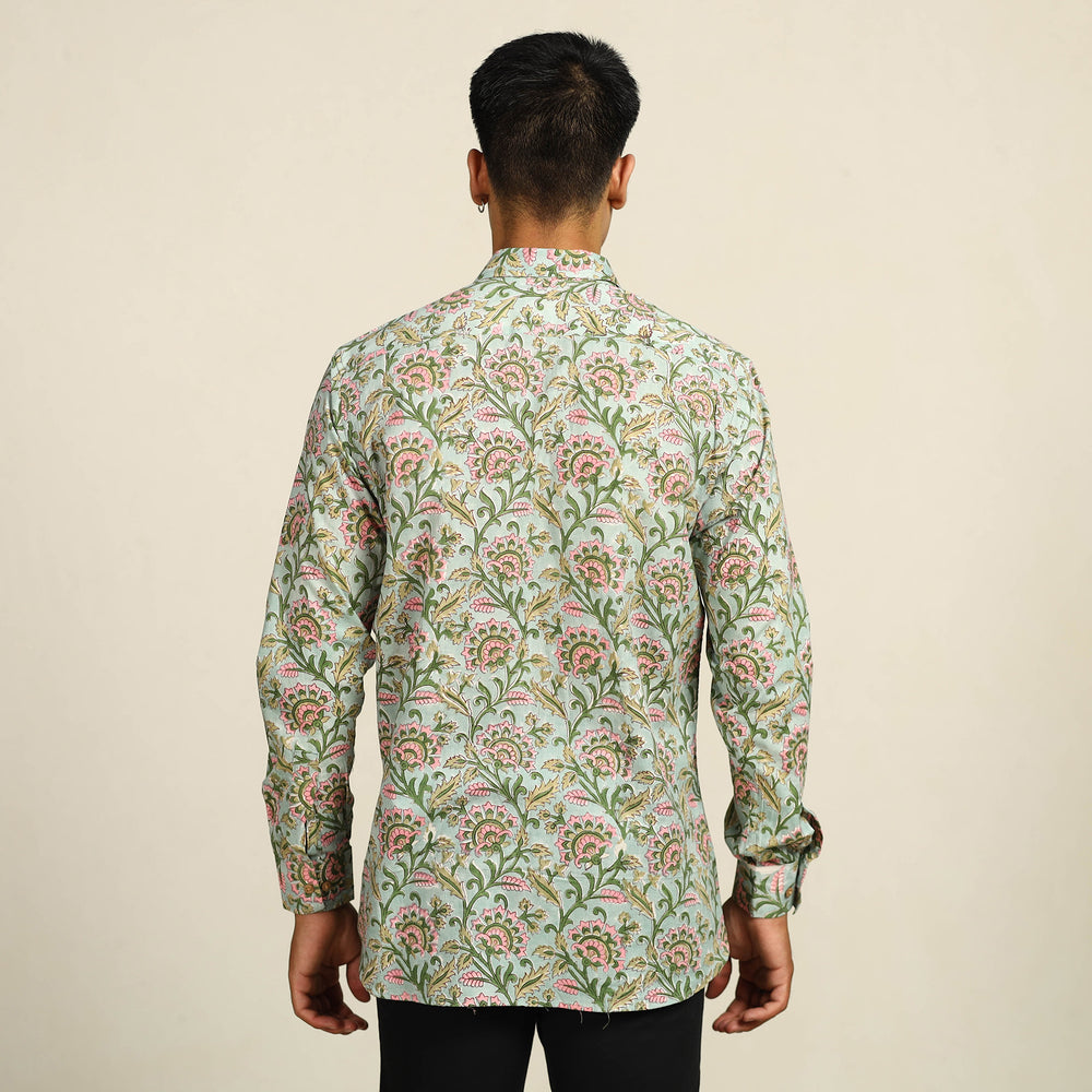 Green - Sanganeri Block Printed Cotton Men Full Sleeve Shirt 03