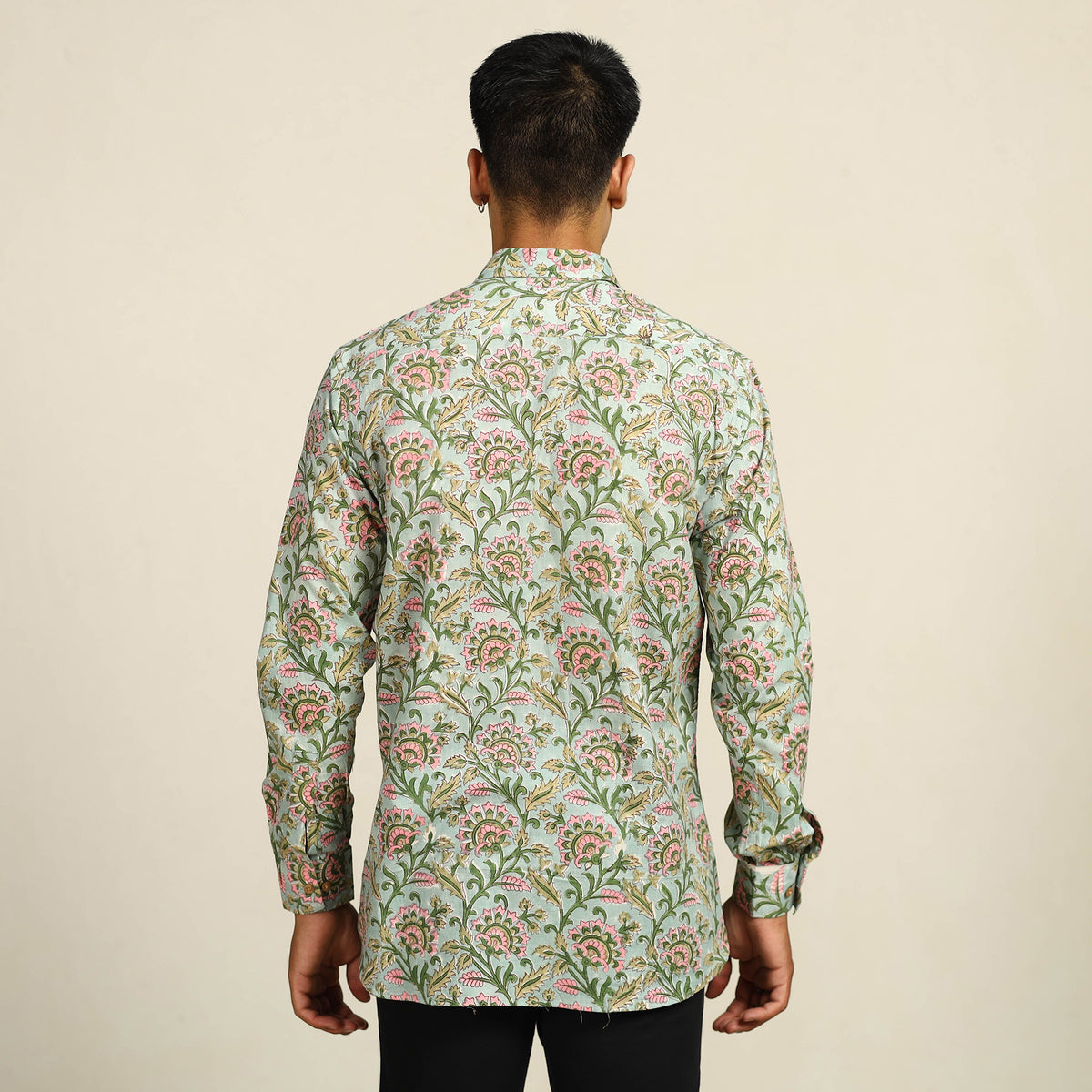 Green - Sanganeri Block Printed Cotton Men Full Sleeve Shirt 03