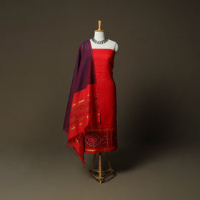 Red - Pochampally Ikat Silk Cotton 3pc Unstitched Dress Material Suit Set 35