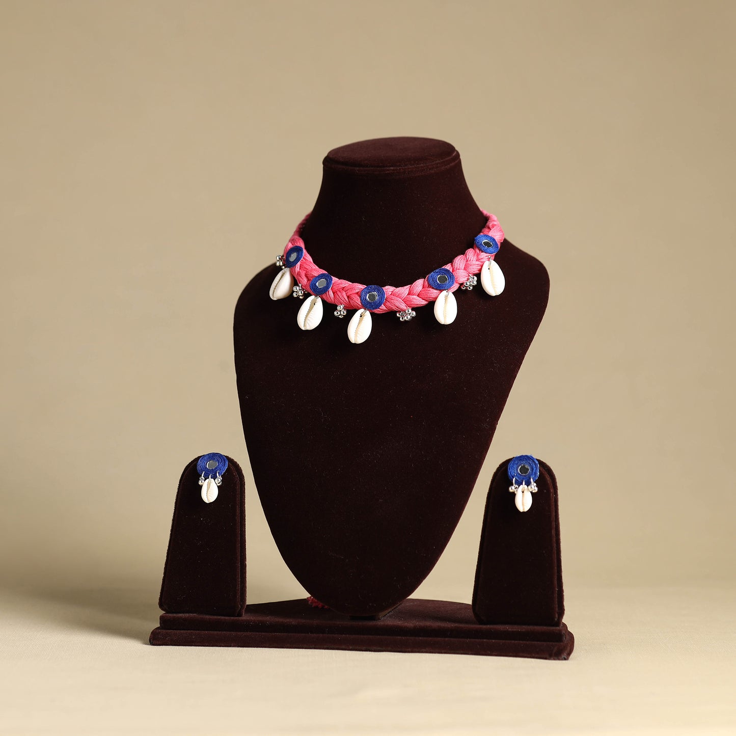 Pink - thread braided shell choker necklace set 02