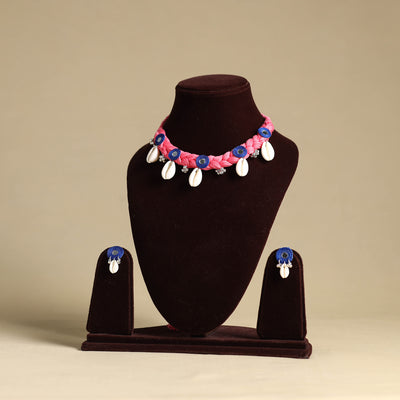 Pink - thread braided shell choker necklace set 02