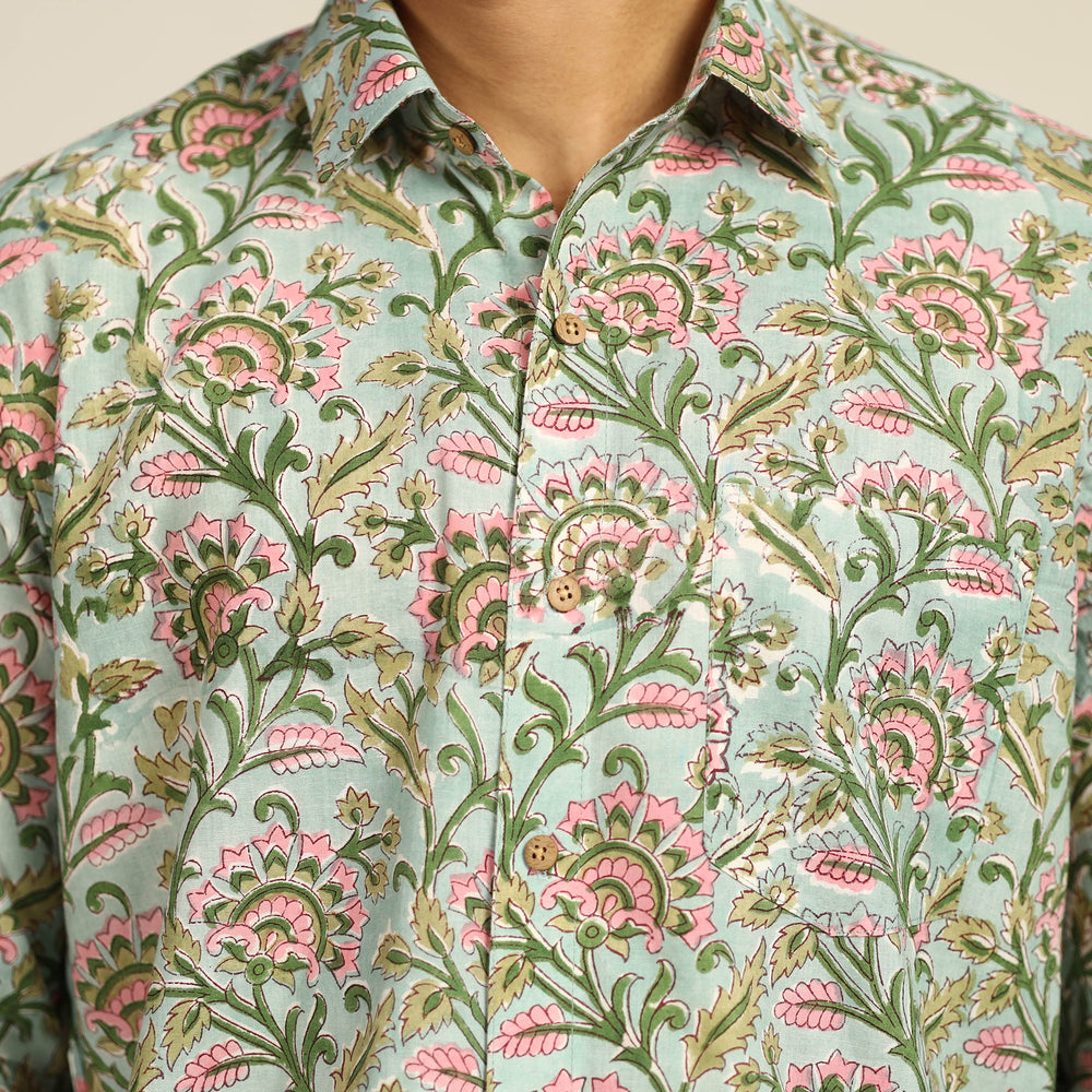 Green - Sanganeri Block Printed Cotton Men Full Sleeve Shirt 03