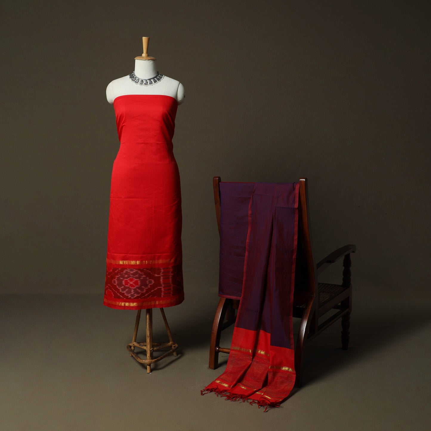 Red - Pochampally Ikat Silk Cotton 3pc Unstitched Dress Material Suit Set 35