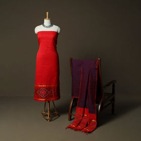Red - Pochampally Ikat Silk Cotton 3pc Unstitched Dress Material Suit Set 35