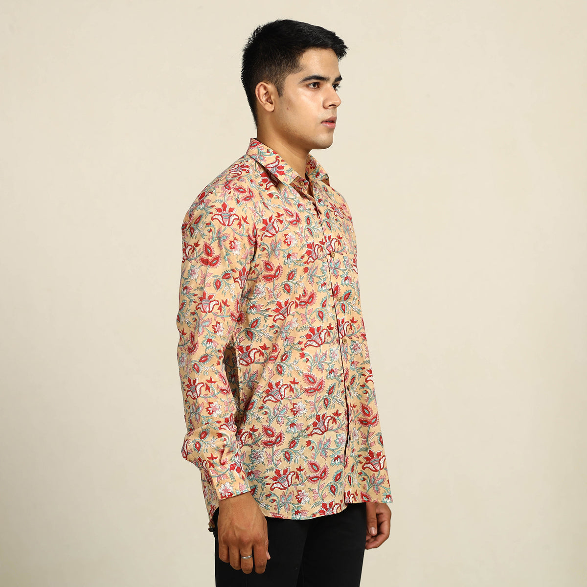 Brown - Sanganeri Block Printed Cotton Men Full Sleeve Shirt 04