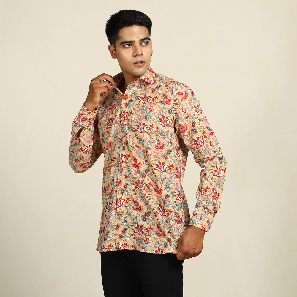 Brown - Sanganeri Block Printed Cotton Men Full Sleeve Shirt 04