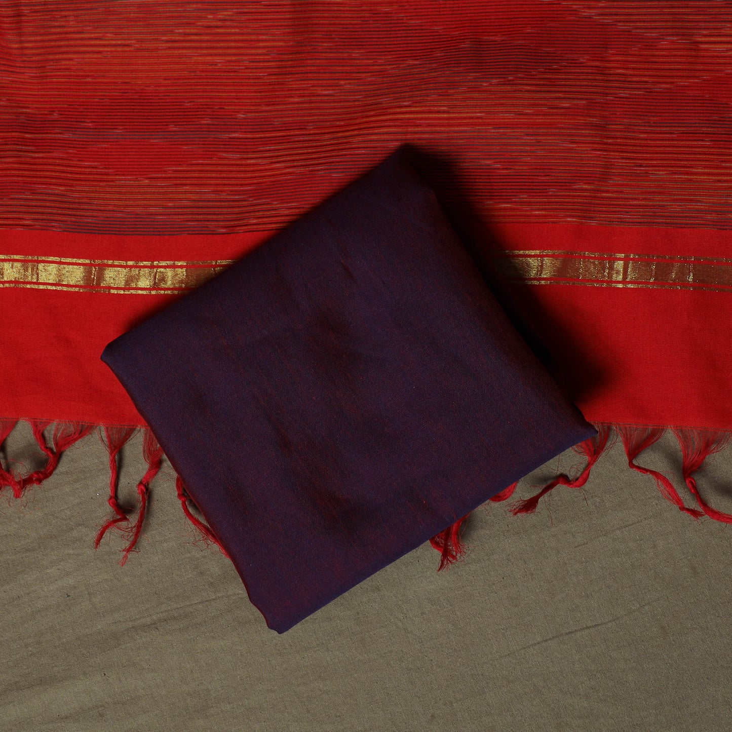 Red - Pochampally Ikat Silk Cotton 3pc Unstitched Dress Material Suit Set 35