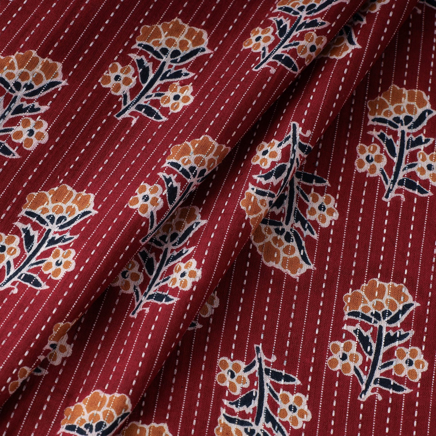 Red - Kantha Stitch Cotton Sanganeri Print Fabric 03