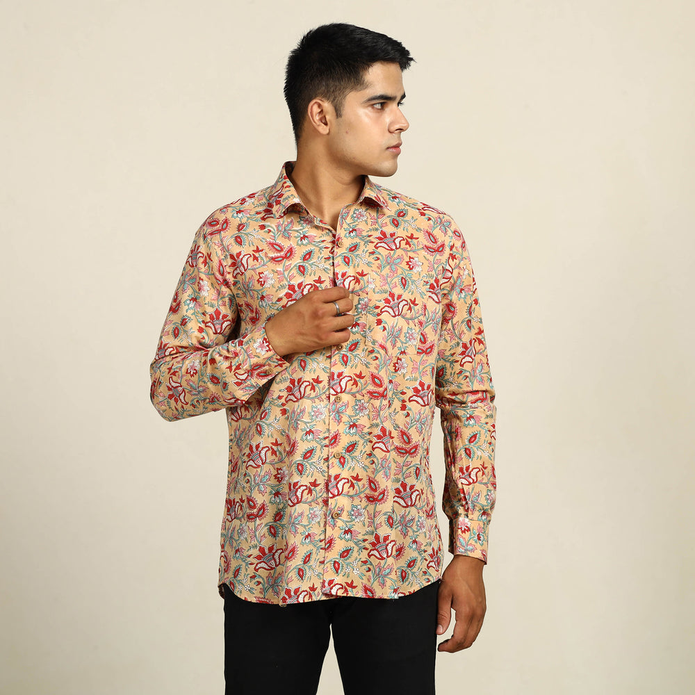 Brown - Sanganeri Block Printed Cotton Men Full Sleeve Shirt 04