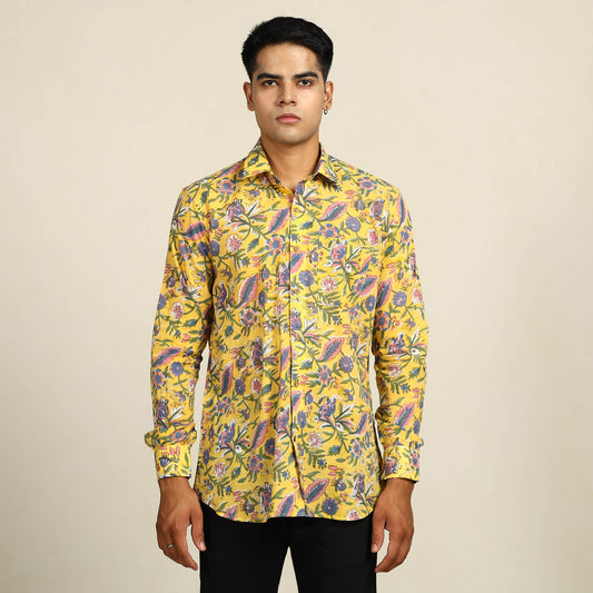 Yellow - Sanganeri Block Printed Cotton Men Full Sleeve Shirt 09