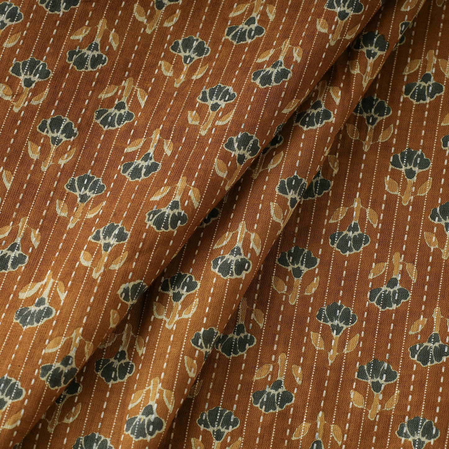 Brown - Kantha Stitch Cotton Sanganeri Print Fabric 04