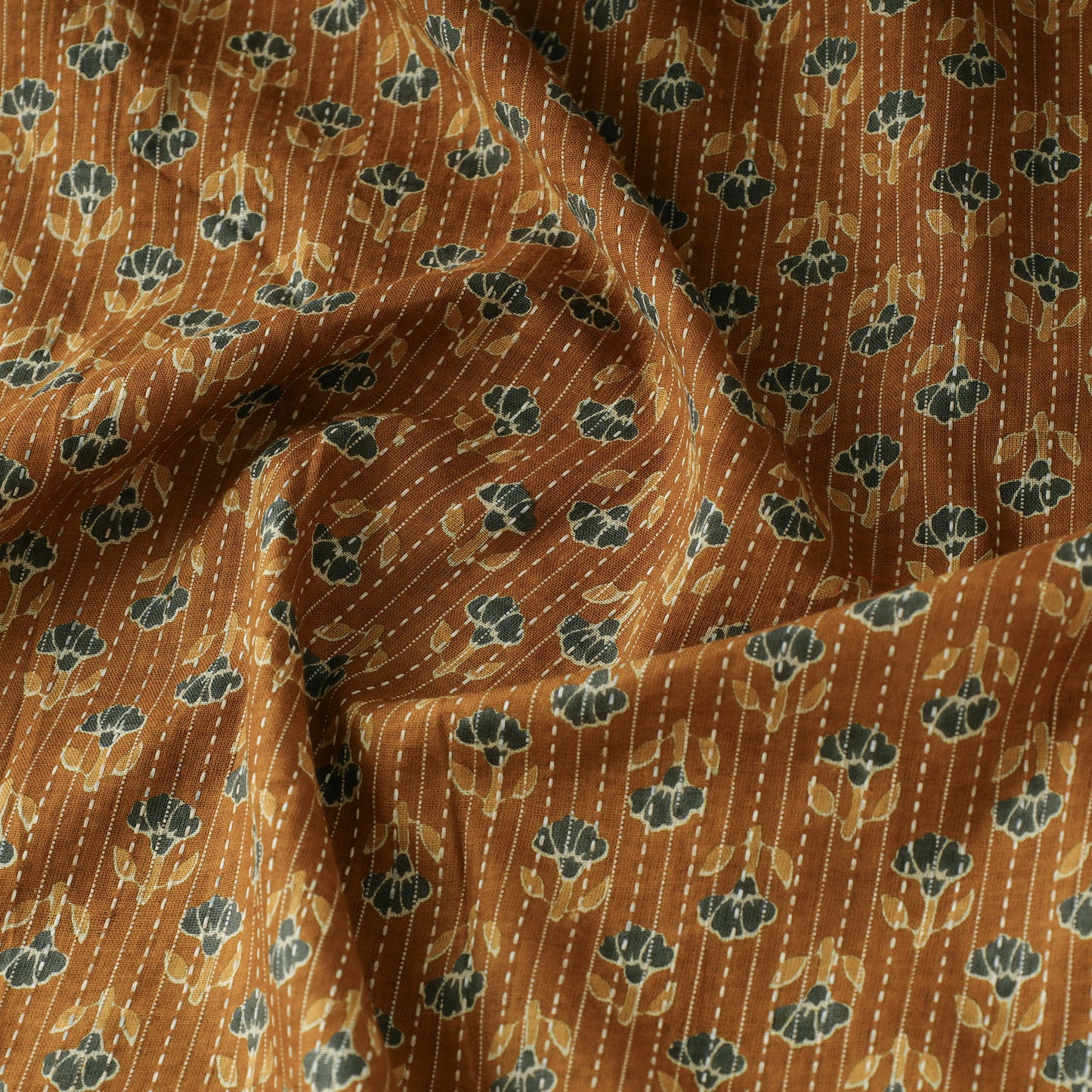 Brown - Kantha Stitch Cotton Sanganeri Print Fabric 04